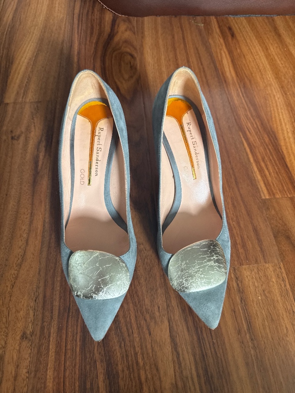 Rupert Sanderson Grey Suede Gold Pebble Pumps - Size 361/2